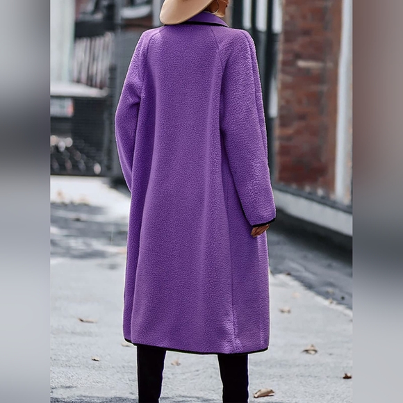 Full Size Contrast Trim Long Sleeve Coat with Pockets - Picture 3 of 5